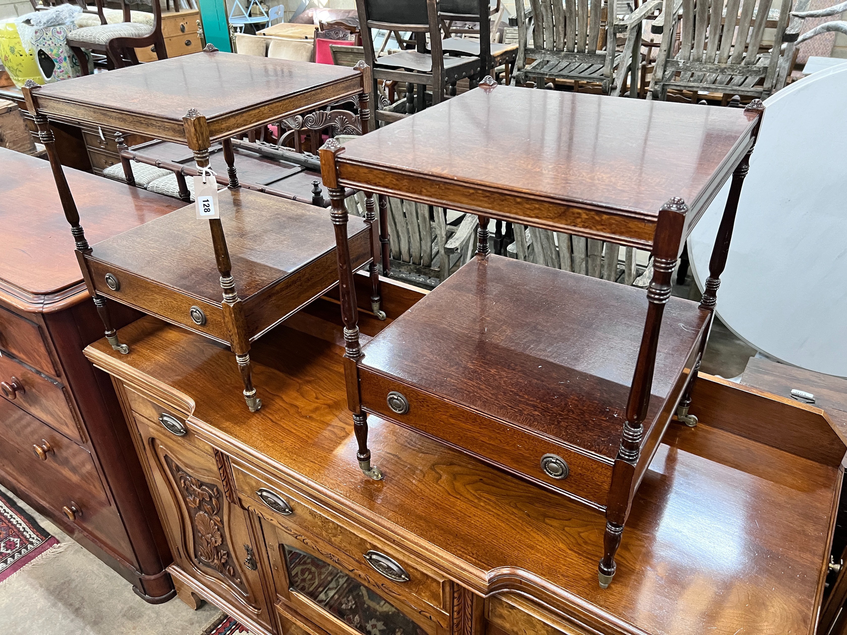 A pair of reproduction mahogany two tier tables, width 46cm, depth 46cm, height 60cm *Please note the sale commences at 9am.